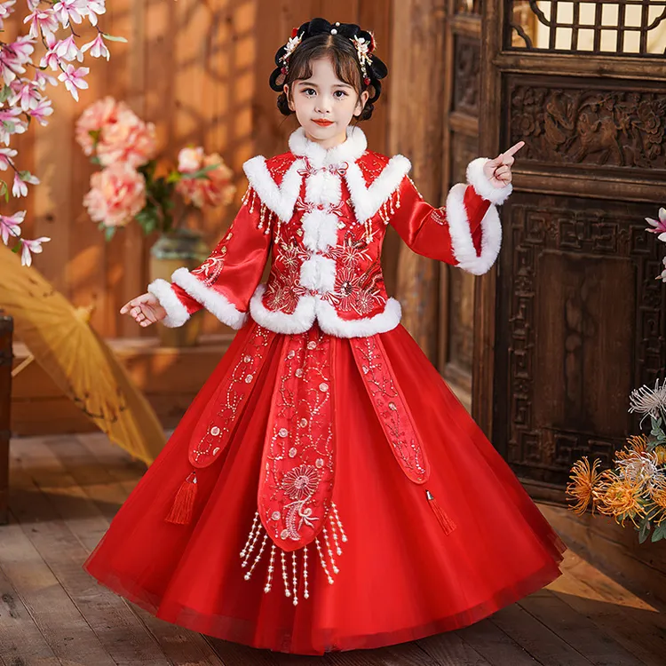 冬装2025新款儿童过年加厚女童汉服拜年服套装女孩秋冬国风唐装裙