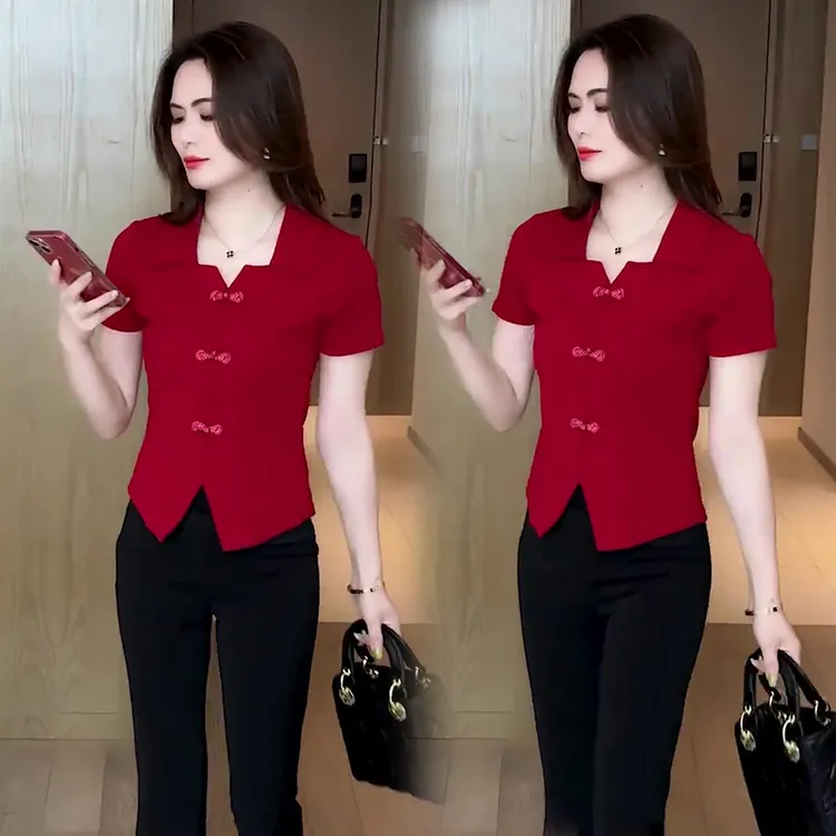 新中式小个子短款气质设计感收腰短袖V领工作T恤常规款通勤国风潮