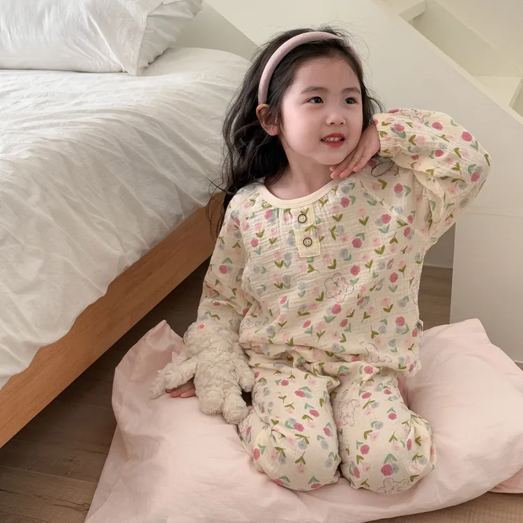 儿童无骨纯棉纱布睡衣春夏棉纱家居服女孩宽松夏季儿童长袖空调服