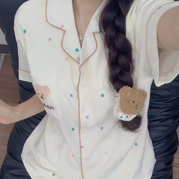 甜美风彩色波点睡衣女款三件套春秋季短袖短裤长裤女士休闲家居服