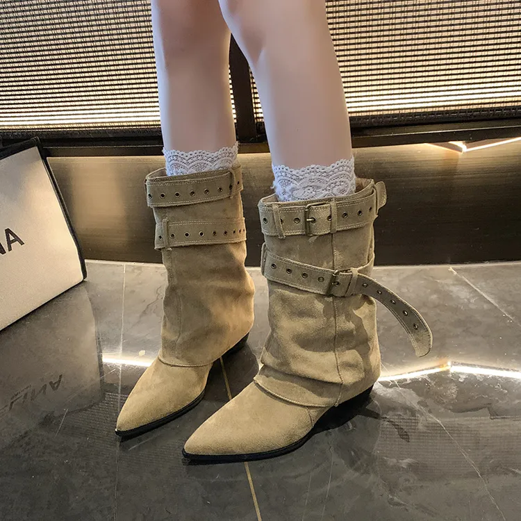 复古粗跟中筒靴女2025新款秋季百搭尖头西部牛仔靴皮带扣裤管靴子