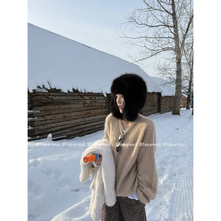 FORNI 拉毛羊绒 精纯系列100阿拉善山羊绒拉毛V领套头毛衣