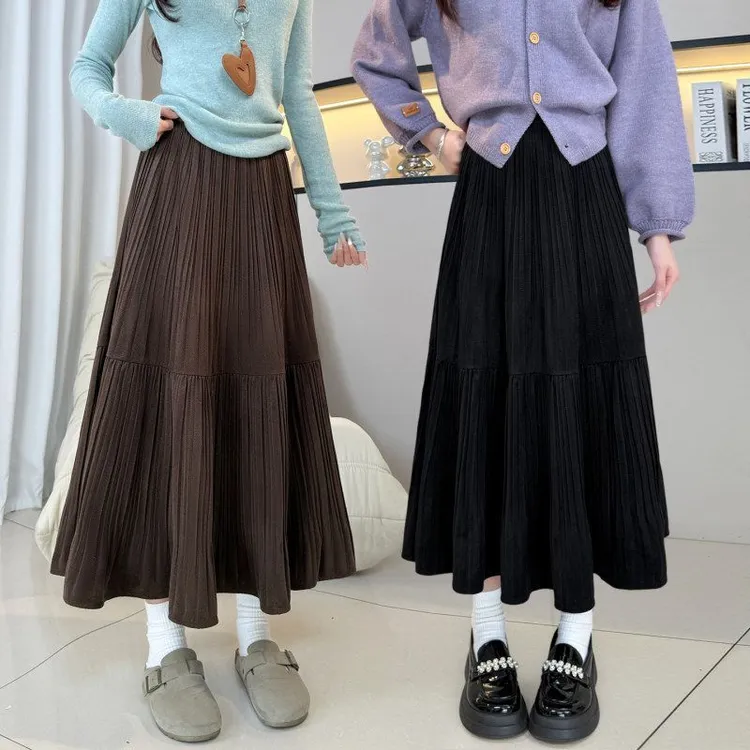 女a蛋糕裙长裙百褶裙灰色秋冬新款半身裙高腰金丝绒字2025小个子