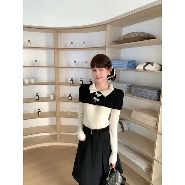 赵小小【艾薇拉千金】5107 韩系翻领拼色假两件蝴蝶结针织打底毛衣