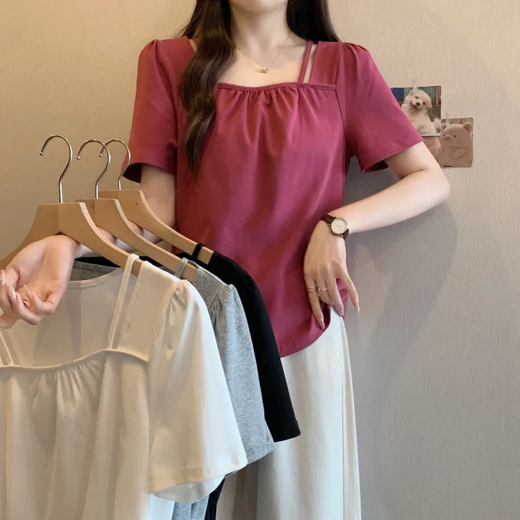 2025年夏装新款大码女装方领褶皱短袖t恤设计感正肩显瘦上衣64299