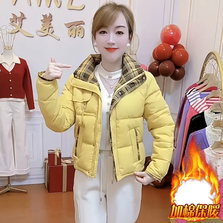 加厚时尚格子拼接棉服女2025冬季新款洋气小个子短款保暖棉袄外套