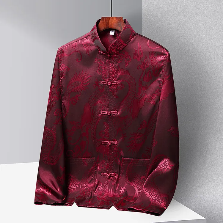 春夏季冰丝唐装男长袖秋装套装爸爸男款装丝质衬衫爷爷装汉服