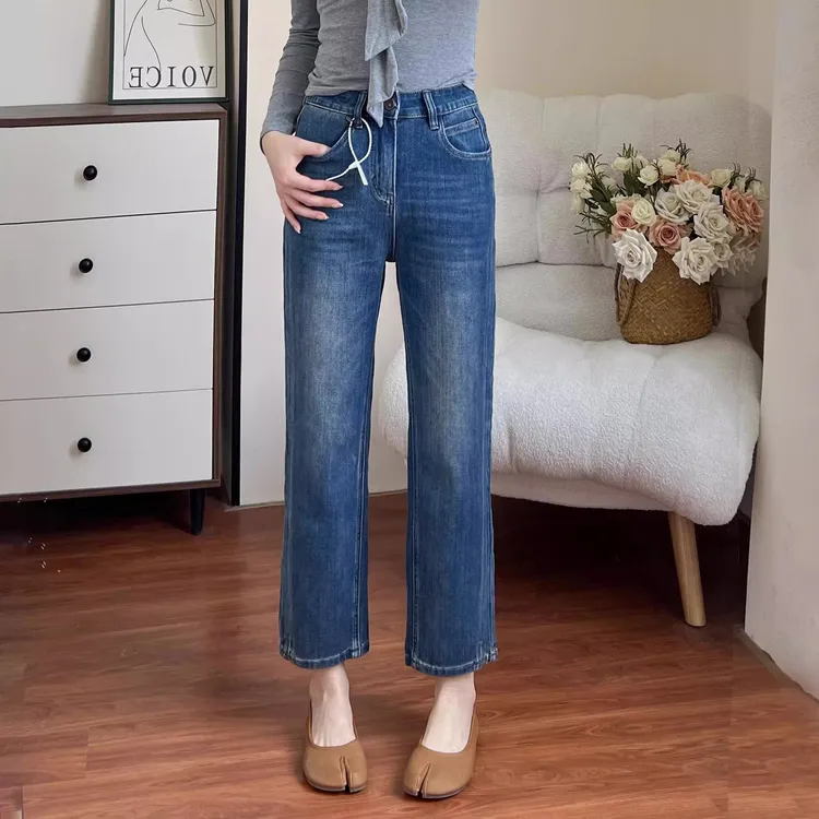 蓝色百搭直筒牛仔裤女2025春新款微胖大码腿粗显瘦九分开叉烟管裤