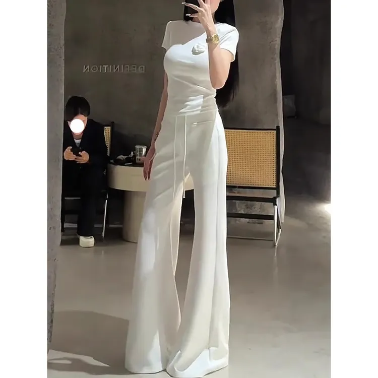 白色松弛感微喇休闲裤女2025夏季新款宽松阔腿拖地裤MQE-K621784