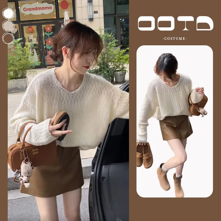 入秋一整套女装2025新款韩版套头针织衫圆领毛衣显瘦半身裙两件套