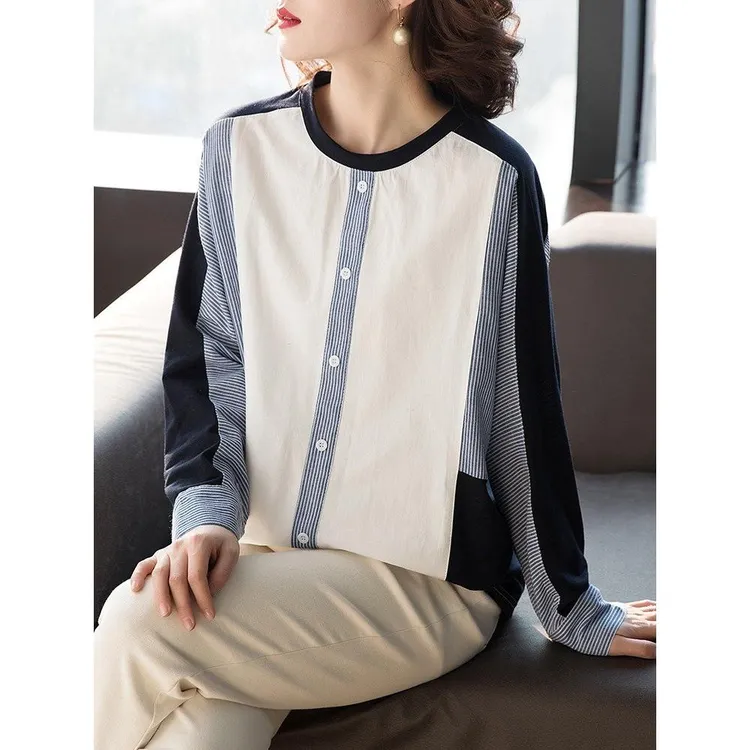 限价+12+小视频 2025春装韩版拼接T恤女长袖圆领宽松上衣