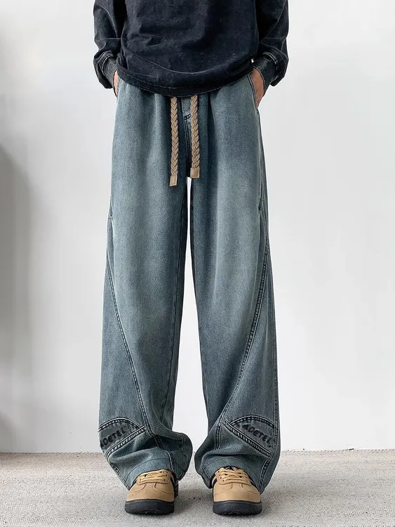 特大码美式高街抽绳牛仔裤男款2025秋冬季新款拼接潮牌直筒长裤子