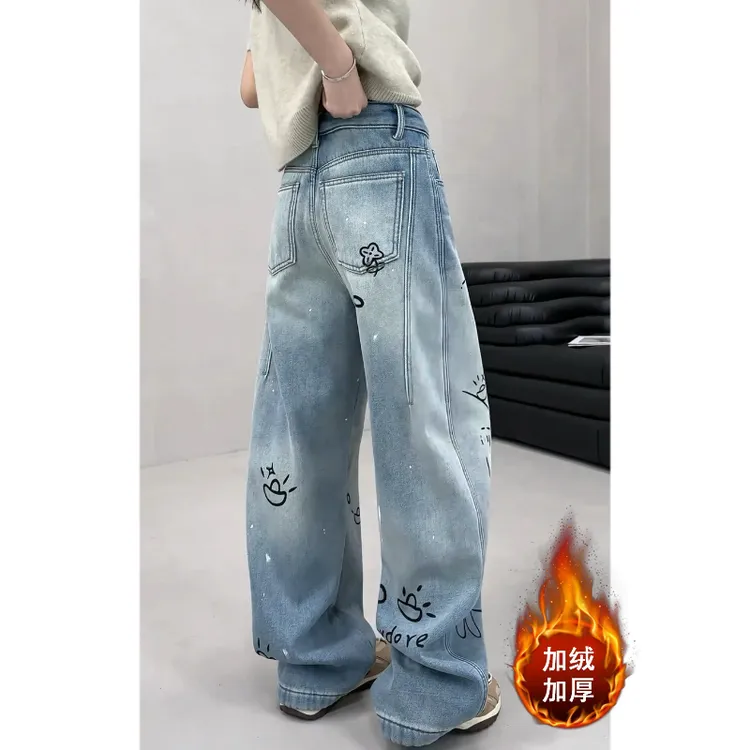 Aimeerosa/艾洛莎冬季加绒个性涂鸦裤子新款阔腿牛仔裤潮流弯刀裤