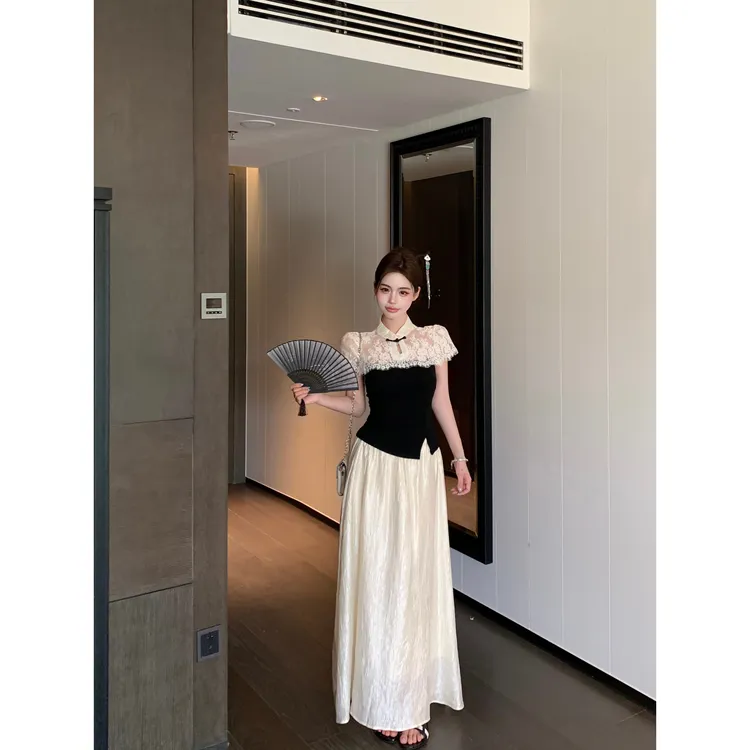 新中式国风套装气质显瘦设计感蕾丝拼接女半身裙潮