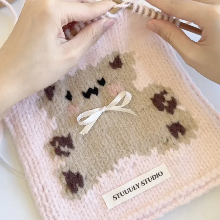 Stuuuly手工 可爱小熊蝴蝶结围巾糯米线柔软毛线diy编织材料包