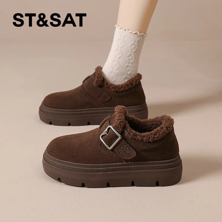 星期六厚底加绒勃肯鞋女2025新款冬季女鞋保暖增高东北毛毛棉鞋子