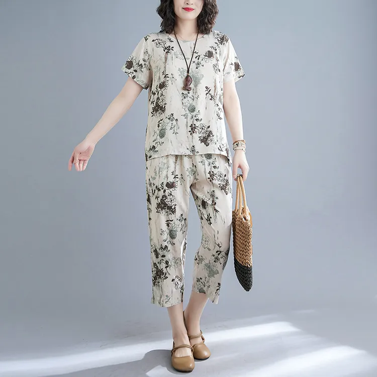 文艺风大码棉绸时尚套装女2025夏新款宽松显瘦妈妈装七分裤两件套