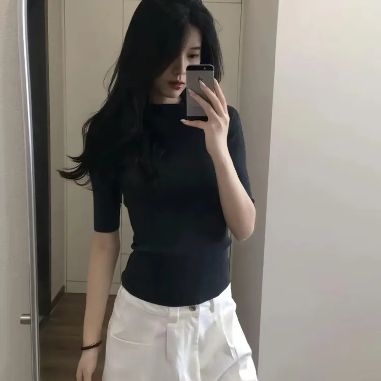 半高领打底衫女中袖上衣弹力春秋半袖洋气修身黑色气质内搭t恤衫