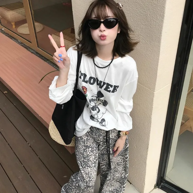 美式复古卡通印花长袖T恤女早秋新款宽松慵懒风减龄显瘦纯棉上衣