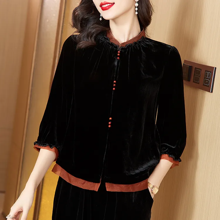 女2025秋新款丝绒短外套撞色拼接小衫