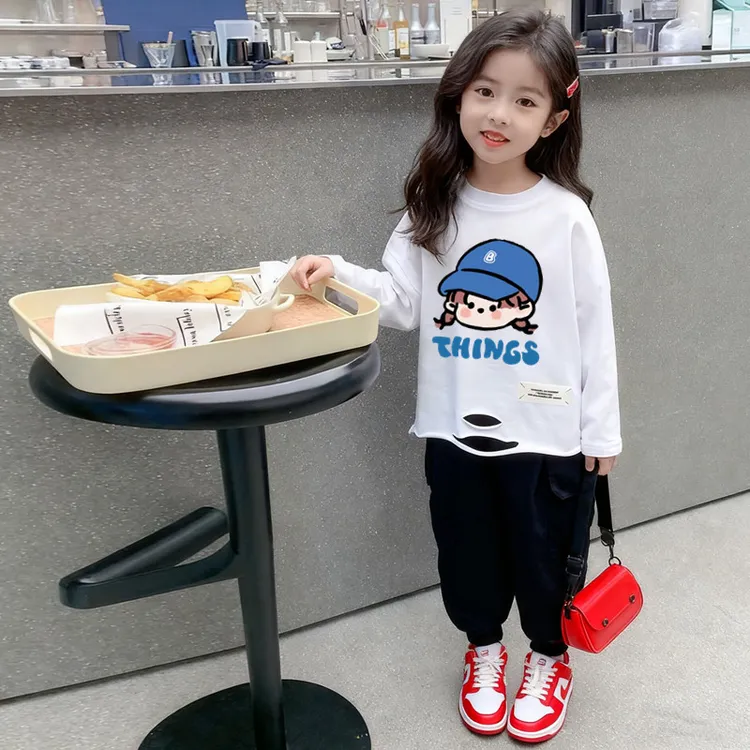 纯棉破洞长袖T恤女童洋气百搭春秋新款韩系个性贴布中小童打底衫