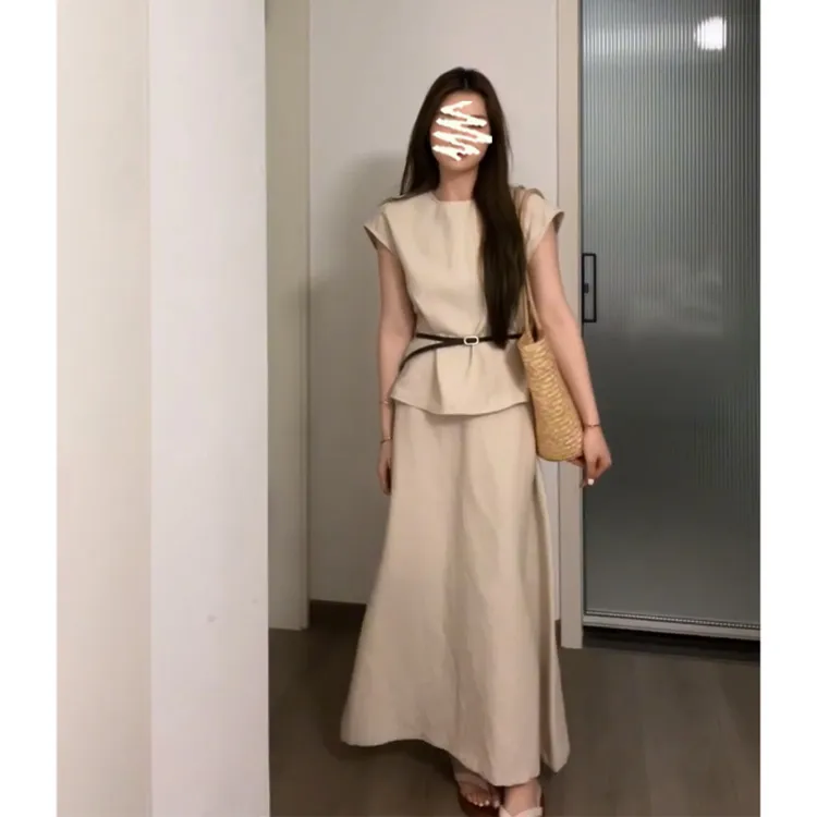 A1588#夏季法式高级感修身圆领无袖上衣气质高腰显瘦A字半身裙
