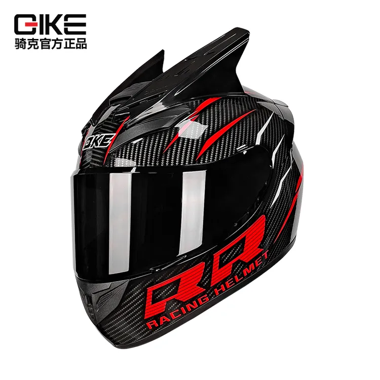 骑克碳纤纹犄角摩托车头盔男女3C认证骑行安全帽机车电动个性全盔