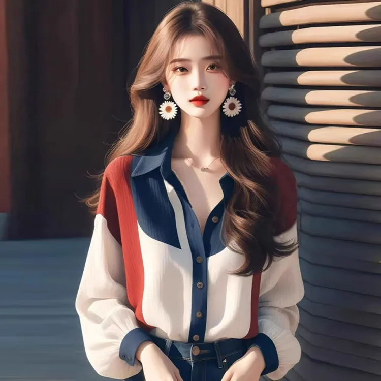 高级感独特超好看宽松上衣撞色灯笼袖衬衫早秋新款女装冷淡系