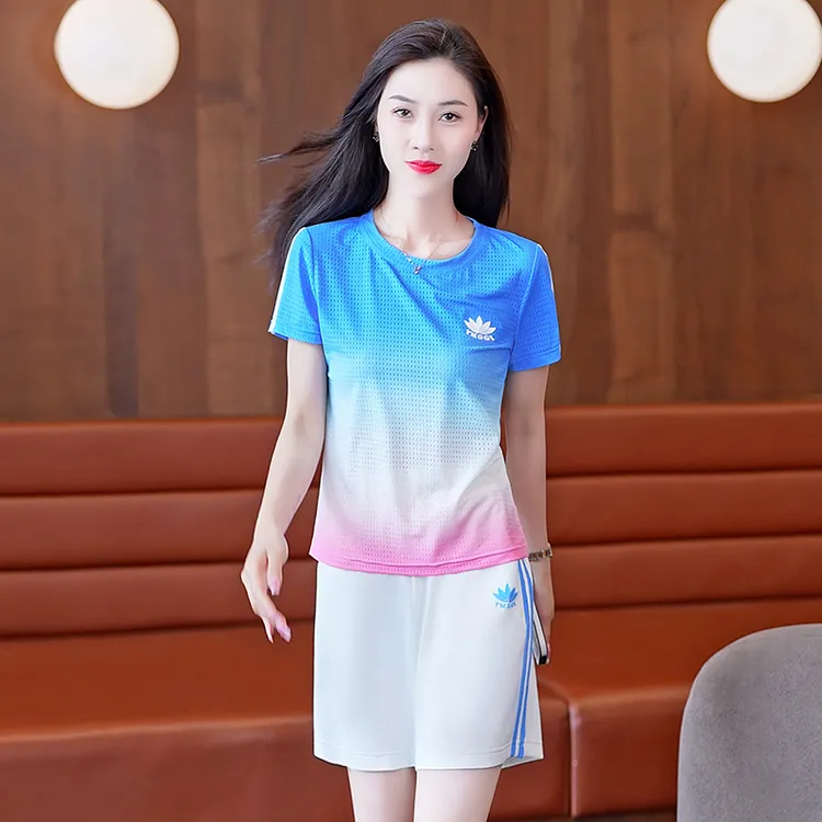 冰丝速干五分裤运动套装女士2025新款夏季短袖短裤跑步两件套时尚