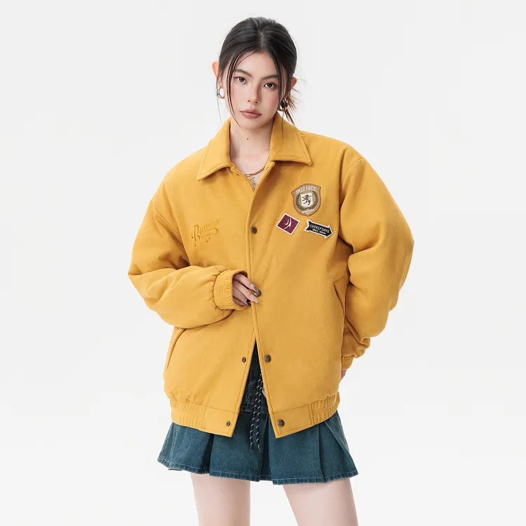 美式复古仿麂皮绒质感棉服重工刺绣拼接加棉加厚翻领夹克男女同款