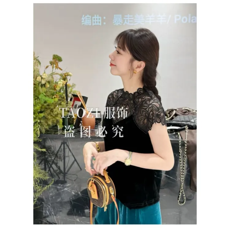 【现货秒发】 08122 【惊艳】秋季气质丝绒蕾丝显瘦百搭新中式短袖