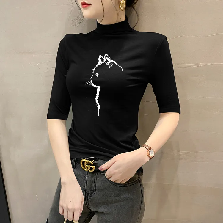 莫代尔半高领黑色中袖打底衫女t恤秋冬季五分袖修身显瘦半袖上衣