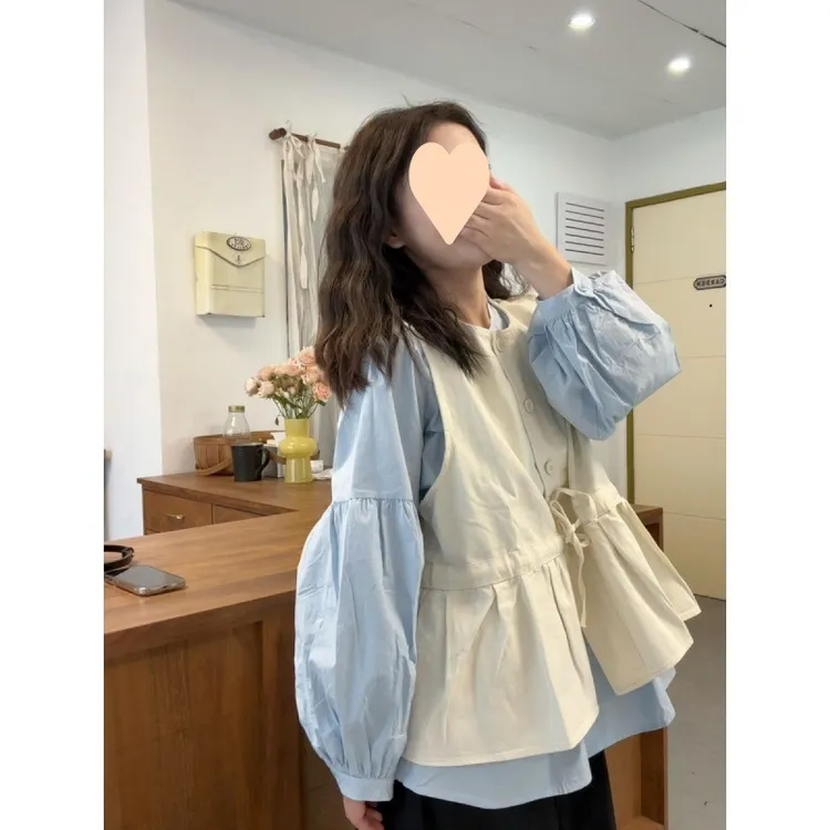 宽松百搭圆领长袖衬衫叠穿绑带马甲套装2025春季新款时尚两件套女