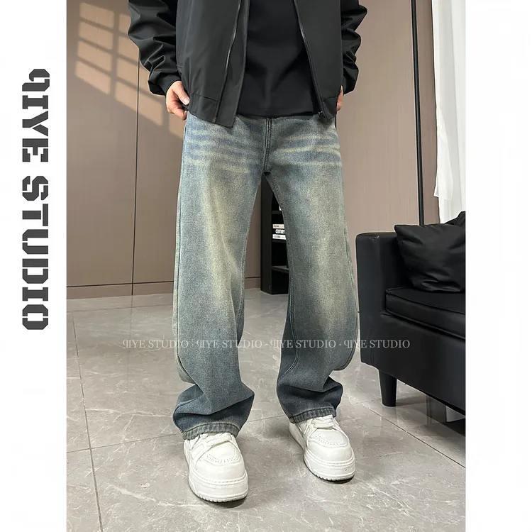 七野/美式复古做旧牛仔裤加绒加厚直筒弯刀牛仔裤男女同款