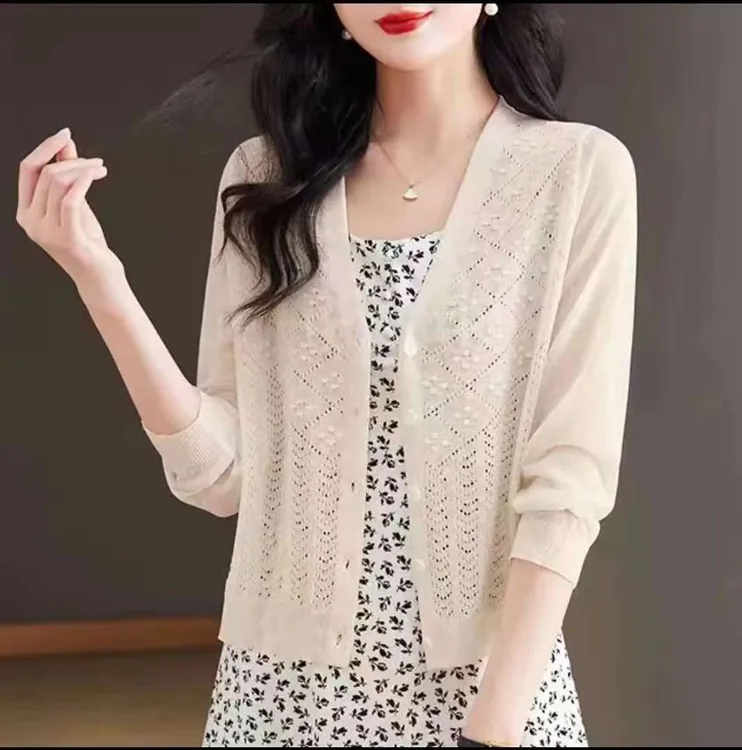 夏季新款气质冰丝针织防晒开衫薄外搭女时尚百搭长袖防晒衫外套