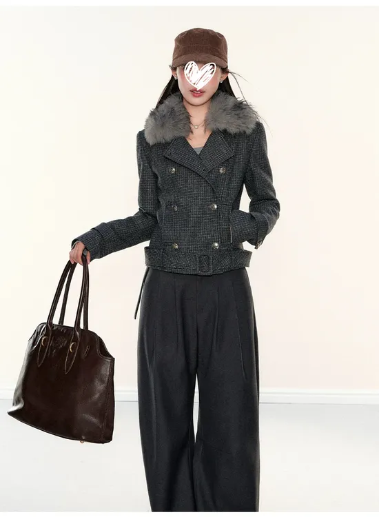 翻领格纹毛呢外套女短款夹棉大衣保暖显瘦气质上衣通勤