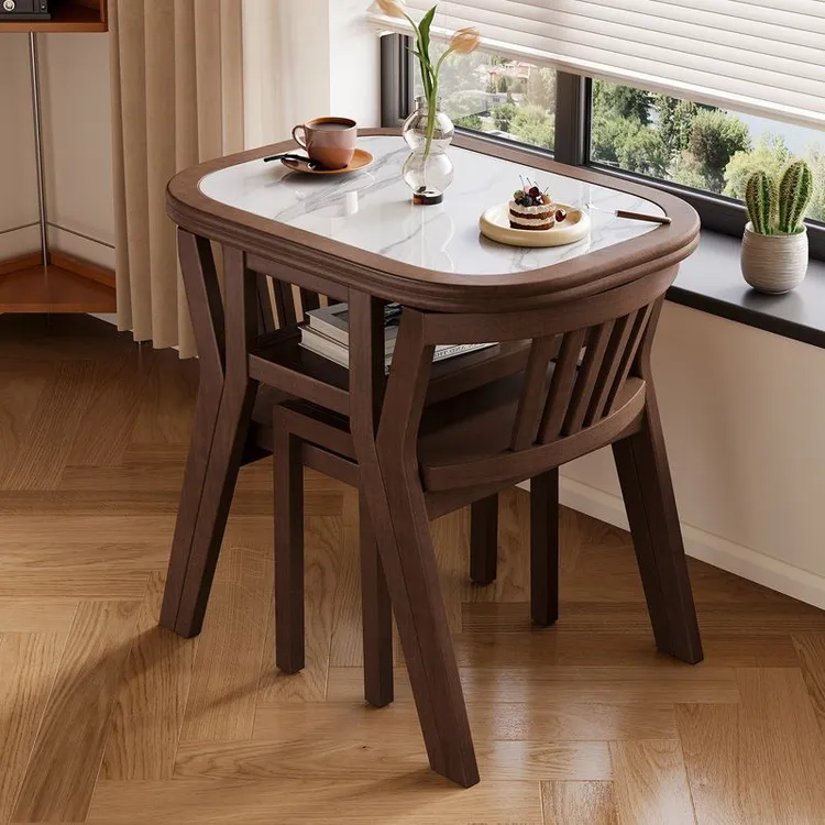 阳台休闲桌椅组合三件套一体家用一桌二椅小户型岩板实木茶桌茶几