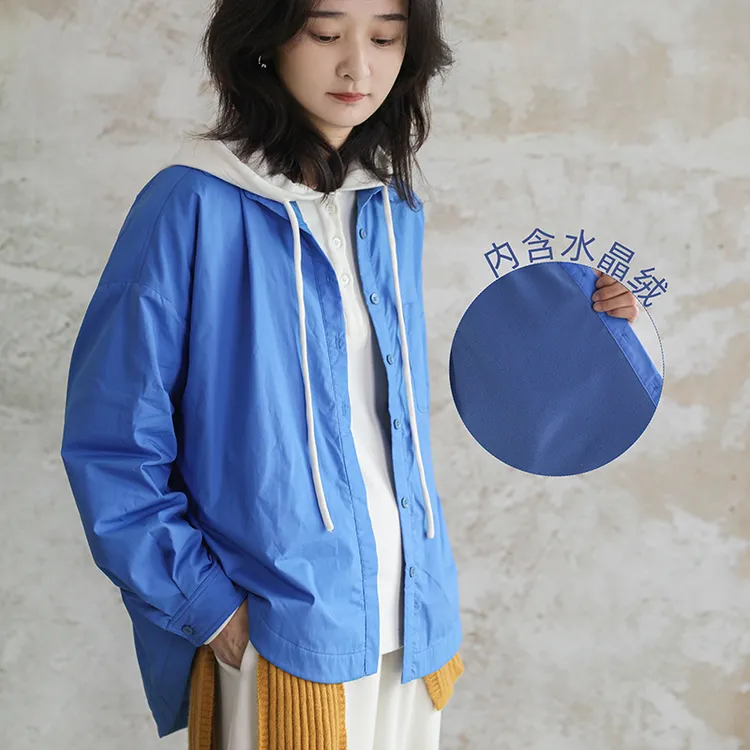 尘染·水洗长绒棉·蓝色加绒衬衫女款2025新款休闲长袖减龄款上衣