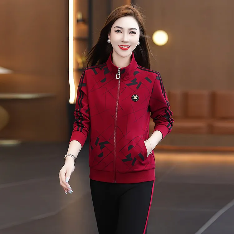 中年妈妈套装时尚女春秋季2025年新款花色外套休闲运动服三件套潮