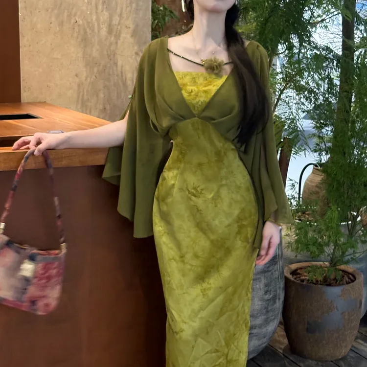 LHMknk1画报夫人原创自制国风禅意仙气飘飘新中式绿旗袍 绿波仙子