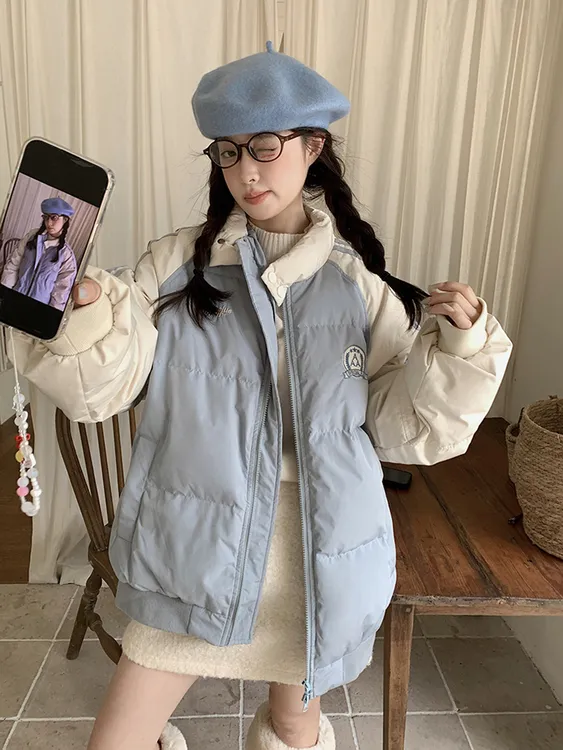 美式撞色棉服女2025新款冬季加厚小个子棉袄超好看棉衣棒球服外套