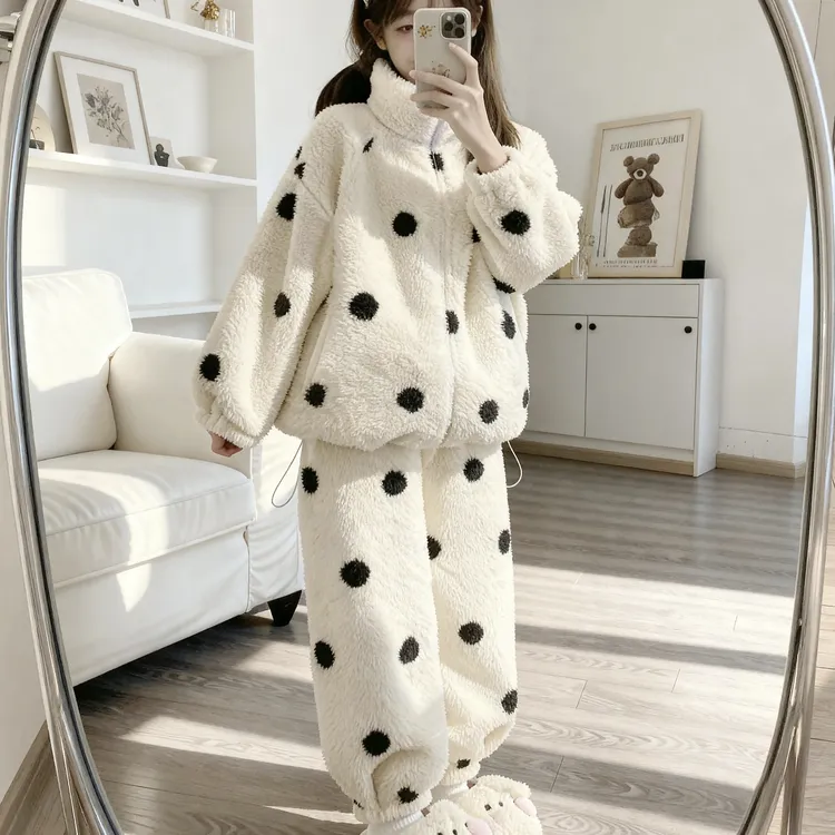 【波点】秋冬长袖加绒加厚家居服套装可外穿睡衣DD