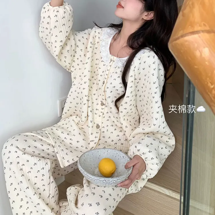 小樱桃睡衣女秋冬季蕾丝空气棉夹棉保暖学生可外穿少女家居服套装