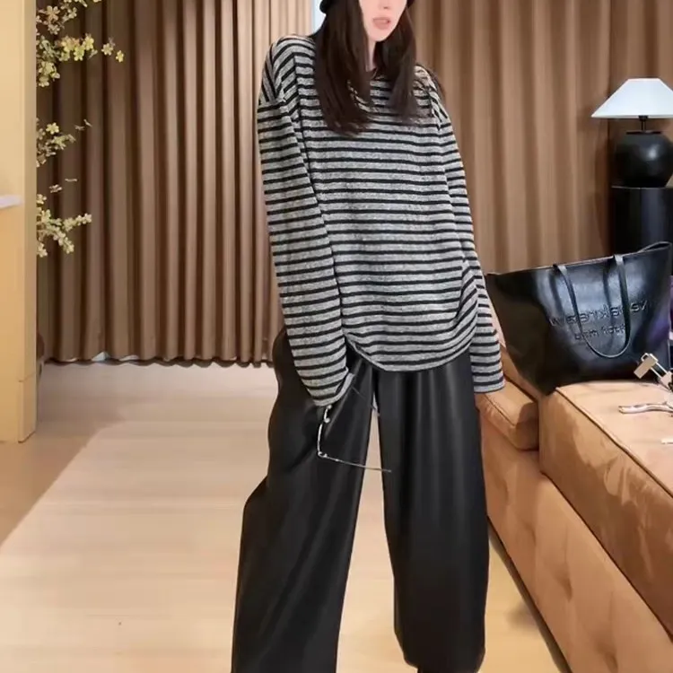 欧货休闲百搭宽松条纹T恤女2025秋季新款内搭外穿长袖上衣