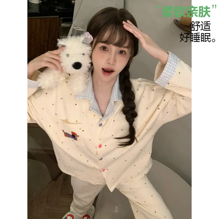 韩版波点格子小狗睡衣女春秋薄款长袖长裤卡通宽松学生家居服套装