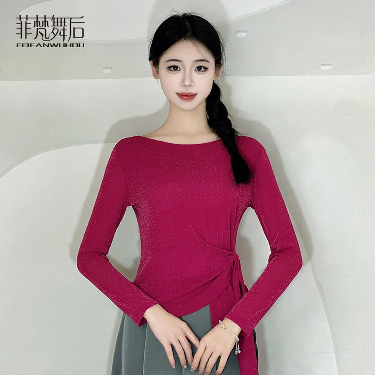 菲梵舞后新款舞蹈练功服收腰遮肚女上衣圆领长袖弹力网纱舞蹈服