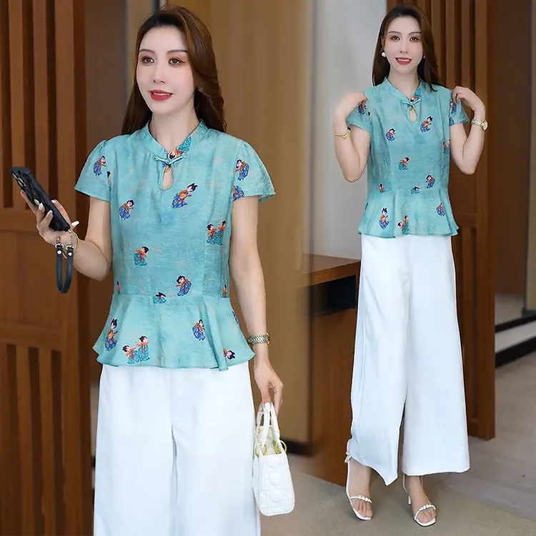 新中式国风套装女2025夏季新款洋气显瘦盘扣衬衫阔腿裤时尚两件套