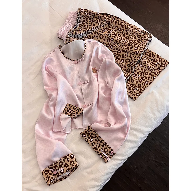 韩版可爱豹纹kitty猫睡衣女秋季新款长袖长裤大码套装外穿家居服