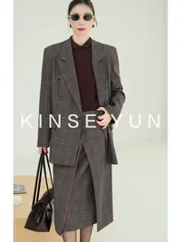 KINSE YUN『爱丁堡』中古奢牌极简西装格纹前开叉半身裙+西装QD7999
