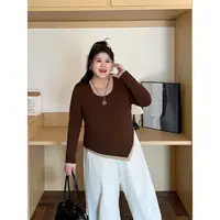 大码女装花契200斤胖mm糯叽叽不规则开叉修身假两件打底衫15553-X